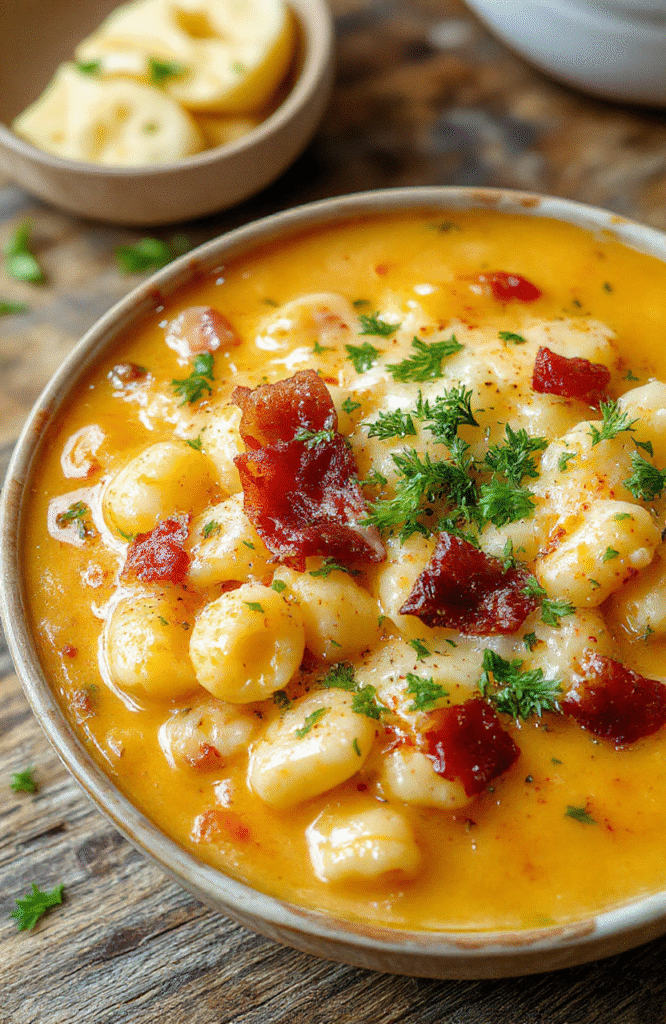 A vibrant bowl of cheesy macaroni cheeseburger soup topped with melted cheese, fresh herbs, and crumbled bacon, presented on a rustic wooden table with a spoon beside it.