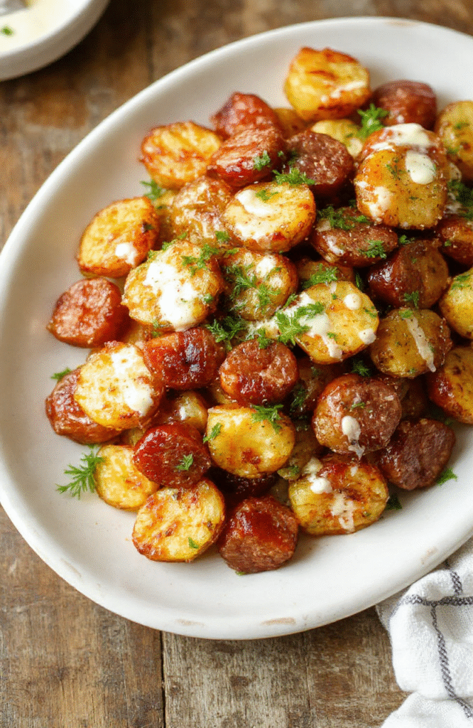 A vibrant plate featuring golden roasted potatoes topped with melted cheese, slices of smoked sausage, fresh herbs, and a drizzle of ranch dressing, arranged neatly on a rustic white plate with colorful vegetables in the background.