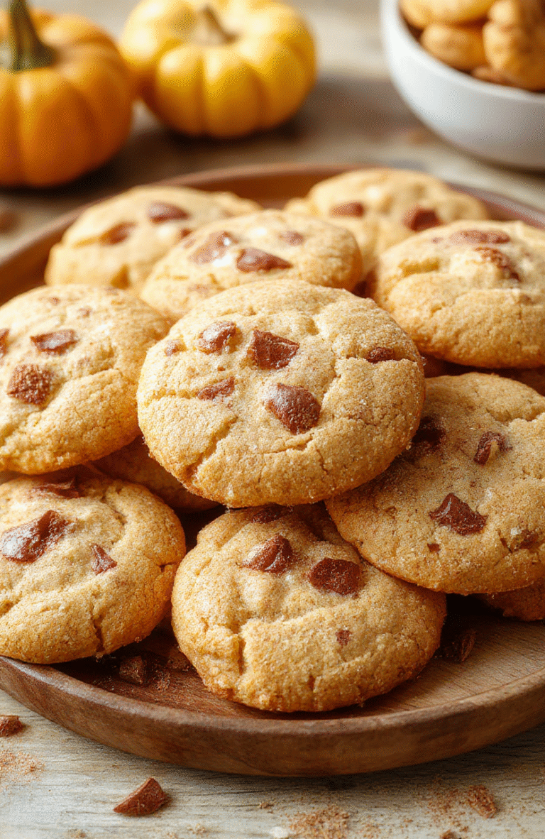A close-up of golden-brown chewy pumpkin snickerdoodles sprinkled with cinnamon sugar, arranged on a rustic wooden plate, with a drizzle of melted brown butter and scattered pumpkin seeds in the background. The cookies have a slightly cracked surface, showcasing their soft, chewy texture, topped with cinnamon sugar for an inviting fall vibe.
