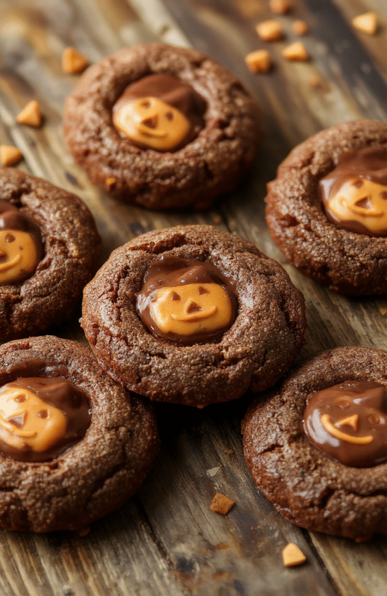 Colorful jack-o'-lantern shaped cookies with smooth milk chocolate filling visible inside, orange and black icing decorations, crispy edges, playful festive presentation, styled on a rustic wooden surface with autumn accents