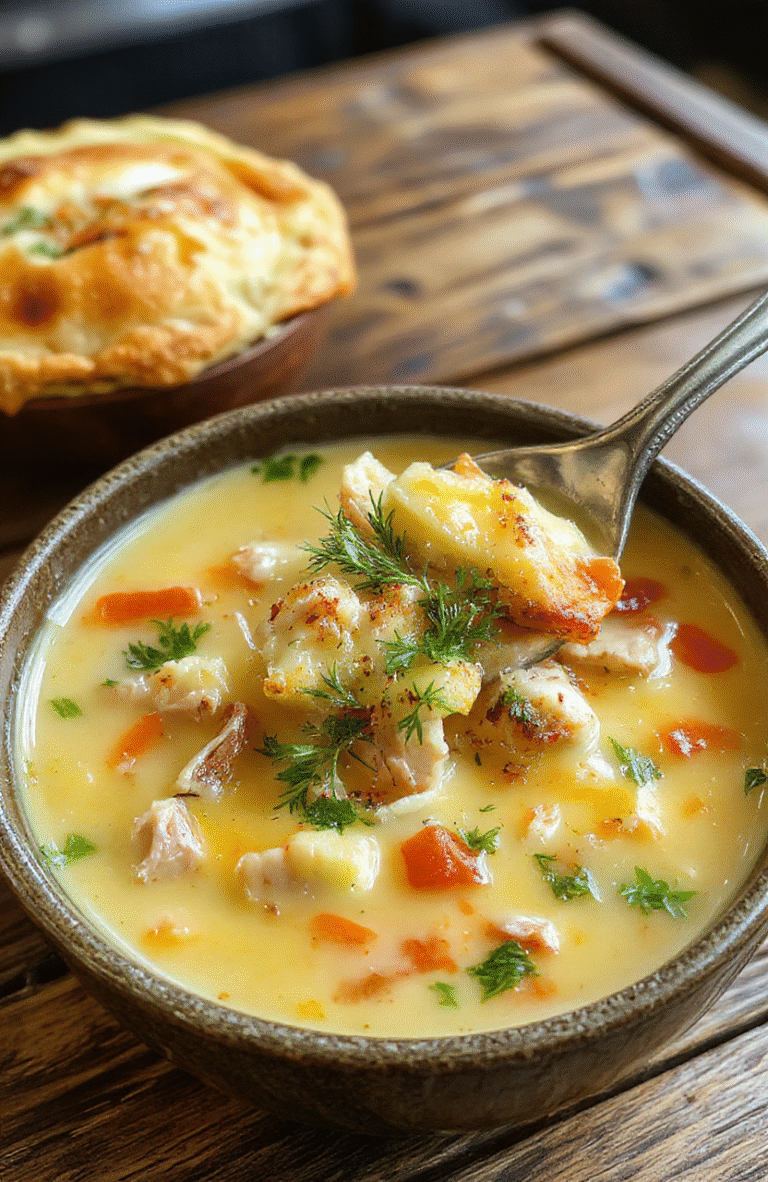 A warm bowl of chicken pot pie soup with chunks of tender chicken, diced carrots, peas, and onions in a creamy, golden broth, garnished with fresh herbs, served with a rustic spoon on a wooden table.