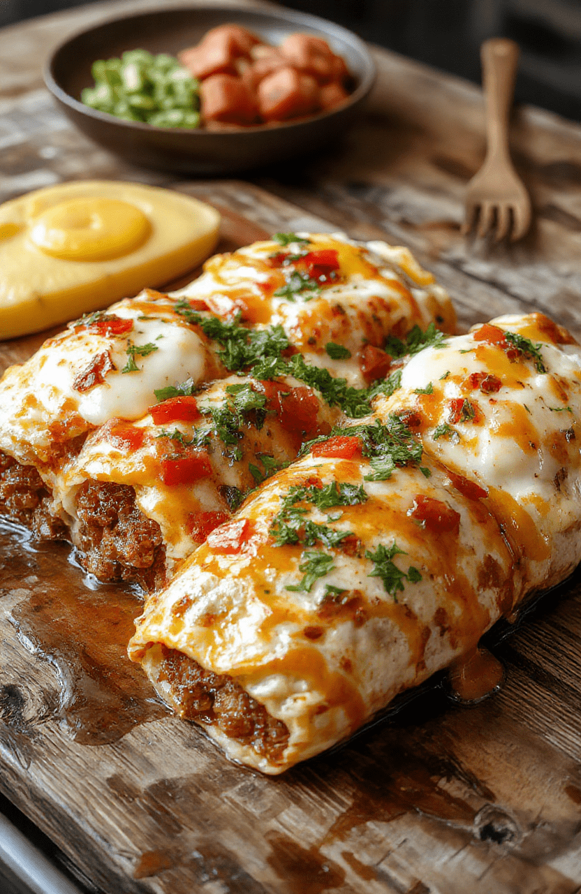 A vibrant plate of breakfast enchiladas featuring golden cheesy tortillas topped with fresh herbs, served with side salsa and sour cream. The dish looks hearty, cheesy, and inviting, with melted cheese oozing and crisp edges, styled on a rustic wooden table.