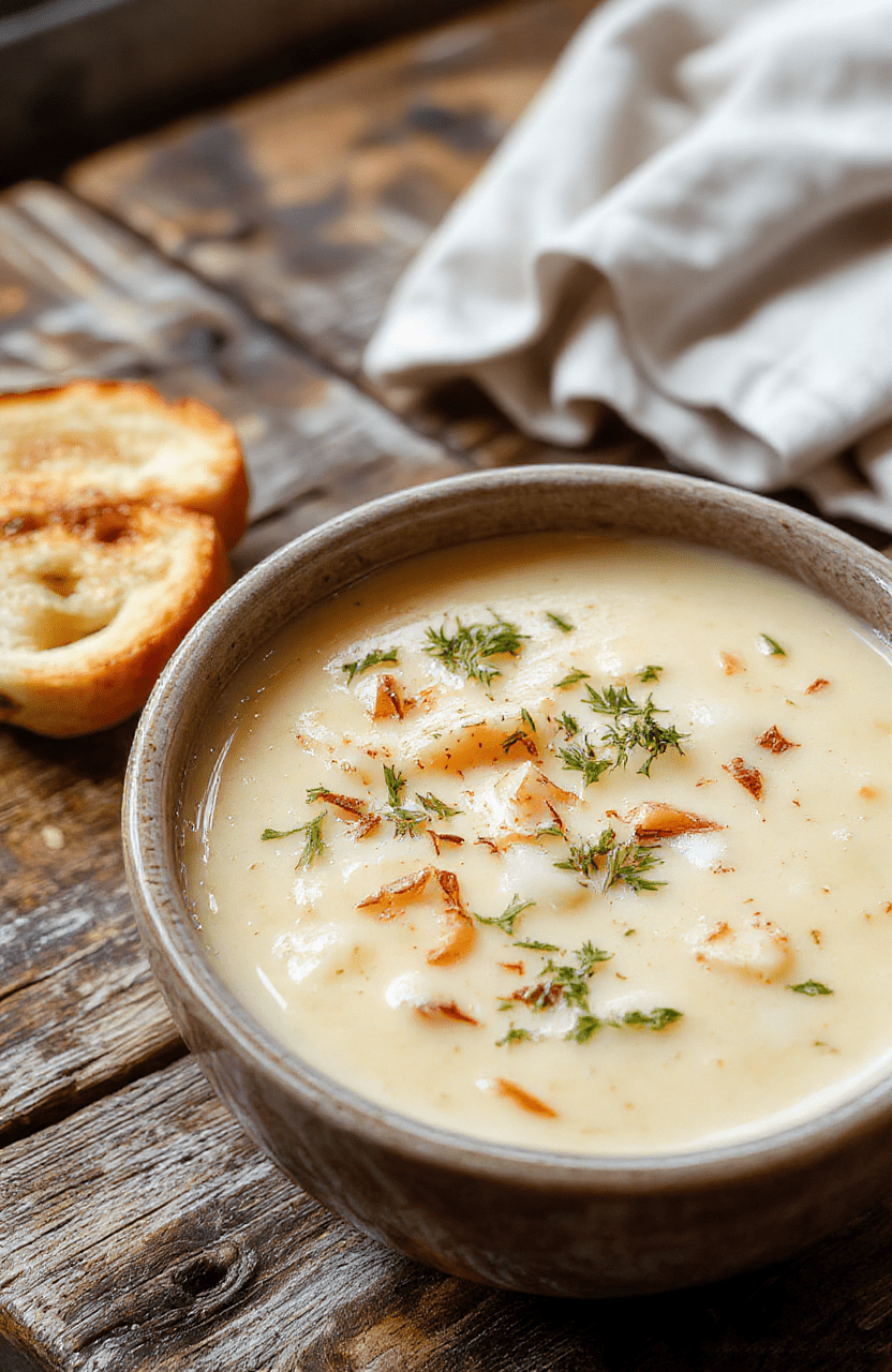A bowl of creamy garlic soup garnished with fresh herbs, served in a rustic white dish on a wooden table, with a sliced baguette beside it, highlighting the velvety texture and aromatic garlic and herbs, styled simply with a cozy, inviting atmosphere.
