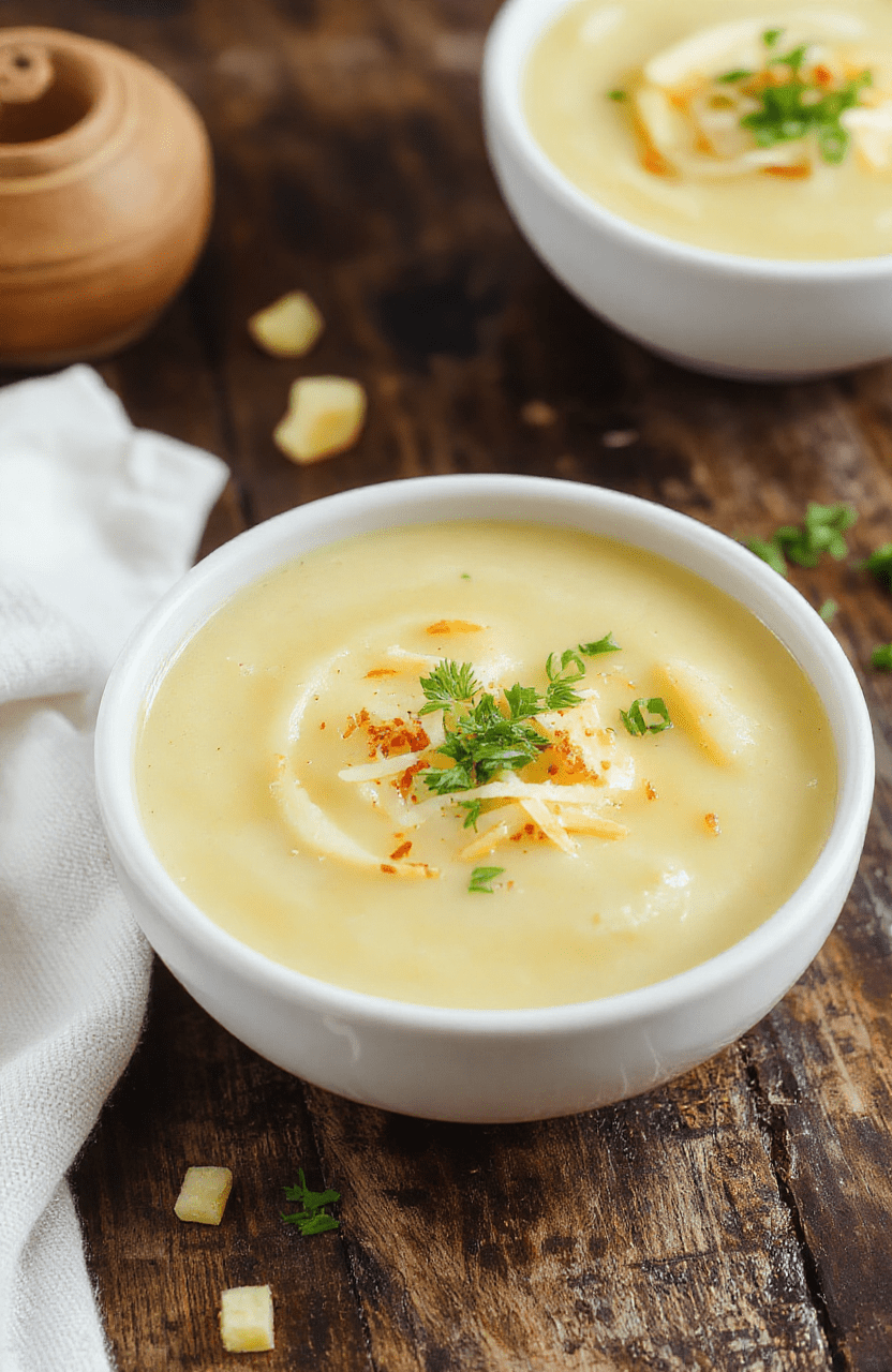 A creamy, golden potato soup served in a rustic white bowl, garnished with chopped spring onions and shredded cheese, resting on a wooden table with a soft, warm background
