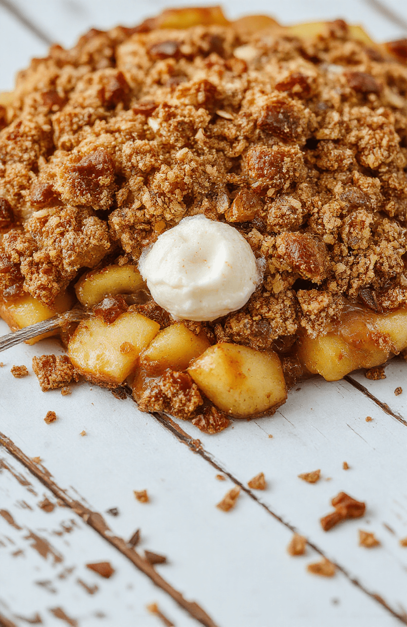 A warm, golden apple crisp in a rustic white ramekin with visible cinnamon-spiced apple filling and a crunchy oat topping. The dessert is garnished with a sprig of fresh mint and sits on a wooden table with a softly blurred background, evoking a cozy fall atmosphere.