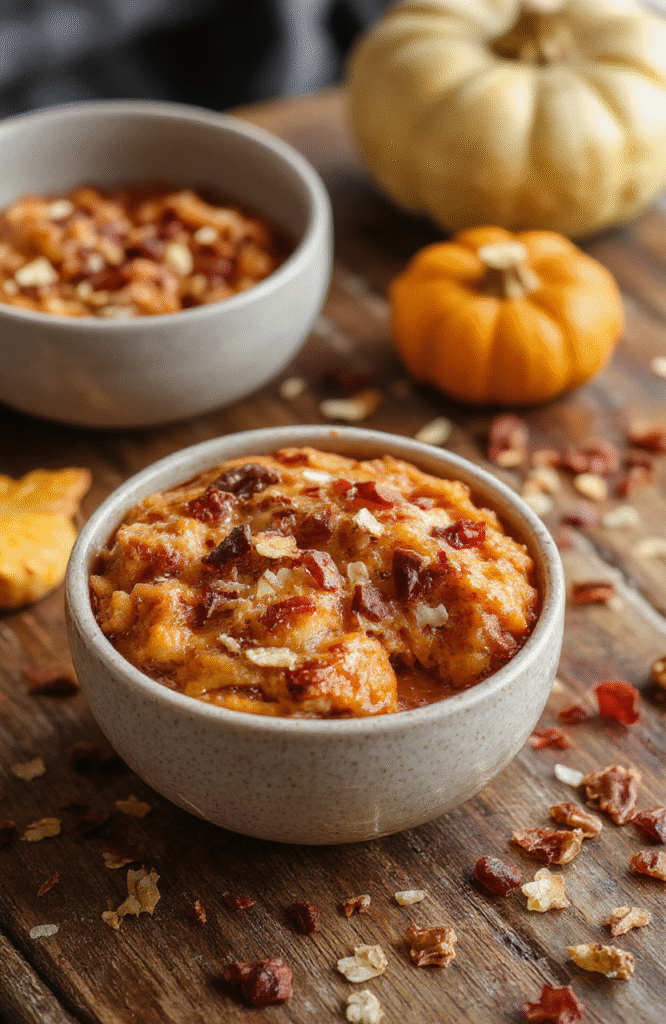 A warm, inviting bowl of pumpkin baked oatmeal topped with a sprinkle of cinnamon and pumpkin seeds, surrounded by autumn leaves and a rustic wooden table, emphasizing textures of creamy oats and smooth pumpkin puree, styled with a cozy autumn theme.