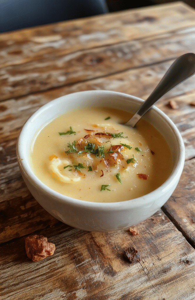 A warm bowl of French onion soup topped with melted cheese and crispy baguette slices, garnished with fresh herbs, steam rising, styled on rustic wooden table