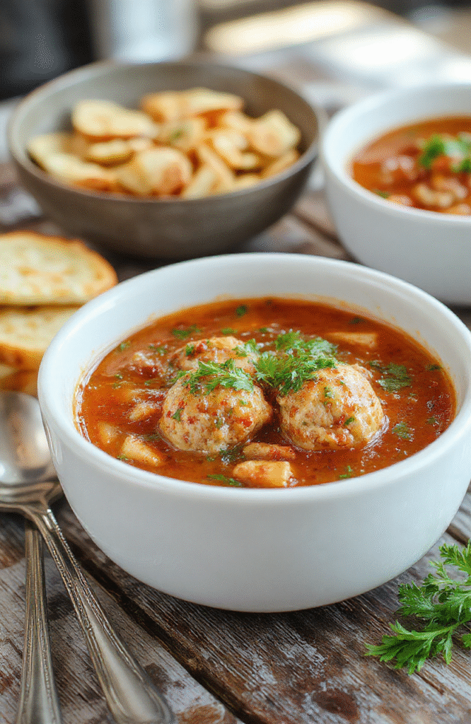 A bowl of hearty Italian meatball soup featuring tender meatballs, fresh herbs, vibrant vegetables, and melted cheese, artfully arranged with crusty bread on a rustic wooden table, exhibiting rich textures and warm colors.