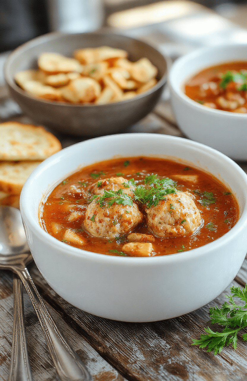 A bowl of hearty Italian meatball soup featuring tender meatballs, fresh herbs, vibrant vegetables, and melted cheese, artfully arranged with crusty bread on a rustic wooden table, exhibiting rich textures and warm colors.