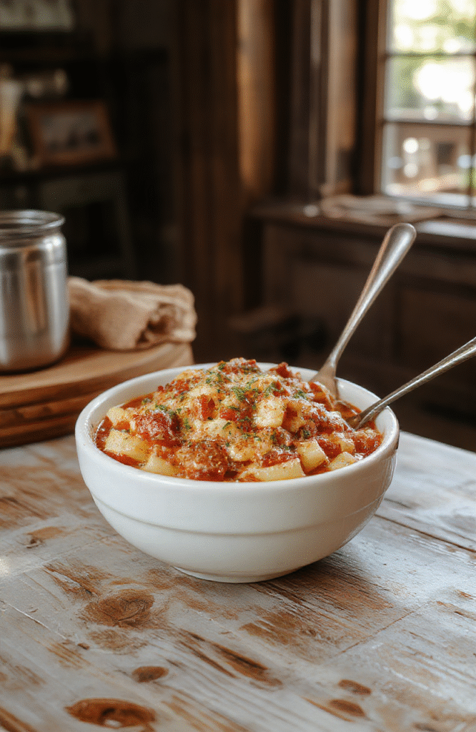 A steaming bowl of Pasta Fagioli featuring vibrant red tomato broth, creamy beans, tender pasta, topped with fresh herbs, served on a rustic wooden table with a spoon resting nearby
