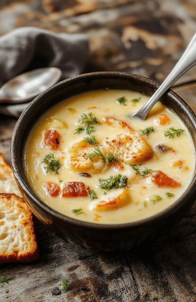 A vibrant bowl of creamy vegetable soup with visible chunks of carrots, zucchini, and spinach, topped with a swirl of cream and fresh herbs, served on a rustic wooden surface with a spoon alongside.