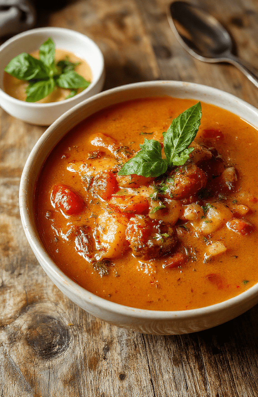 A vibrant bowl of roasted tomato basil soup garnished with fresh basil leaves, served alongside crusty bread on a rustic wooden table, with a golden crust and rich red and green hues, steam rising gently, styled for a warm, inviting presentation.
