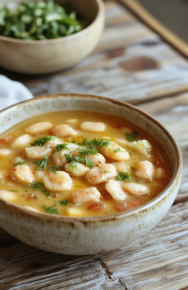 A vibrant bowl of Tuscan white bean soup garnished with fresh herbs and a drizzle of olive oil, surrounded by rustic bread slices on a wooden table, inviting and hearty with a smooth, creamy texture