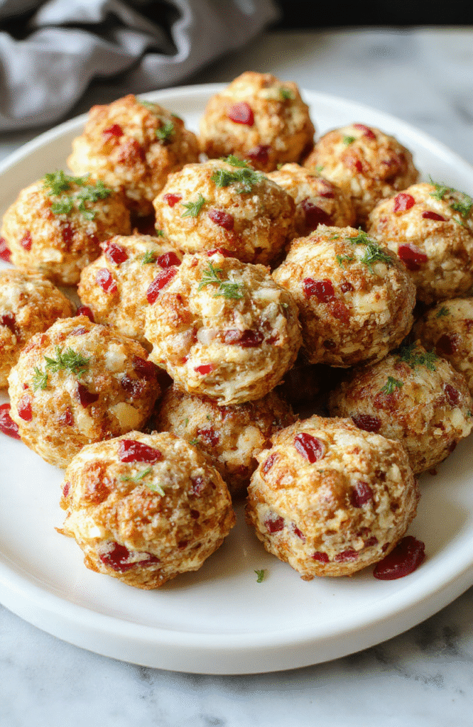 A close-up of golden-brown stuffing balls filled with vibrant cranberries and herbs, arranged on a rustic white platter garnished with fresh rosemary, with a festive holiday background featuring red and green accents, natural light highlighting the textures and colors of the dish.