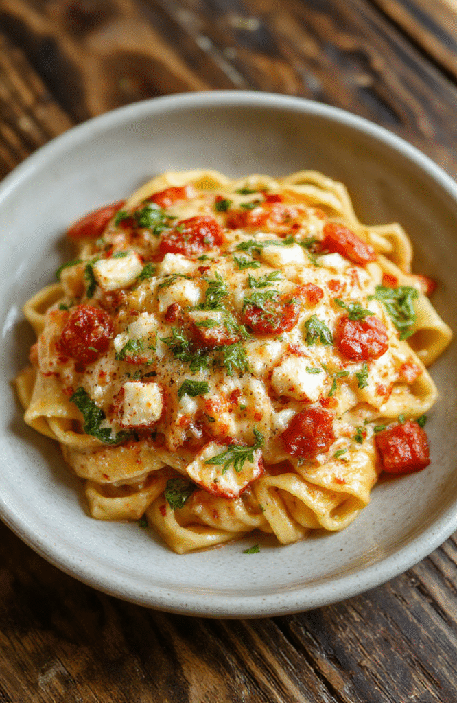 A vibrant plate of baked feta veggie pasta with a creamy sauce, cherry tomatoes, zucchini, and herbs, beautifully plated on a rustic wooden surface, emphasizing textures and fresh ingredients with soft natural lighting.
