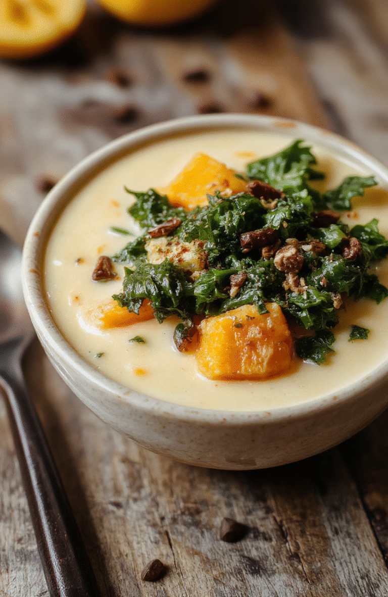 A bowl of creamy butternut squash, kale, and white bean soup with a drizzle of olive oil and fresh herbs, garnished with a sprig of thyme, served on a rustic wooden table with a warm, autumnal background.