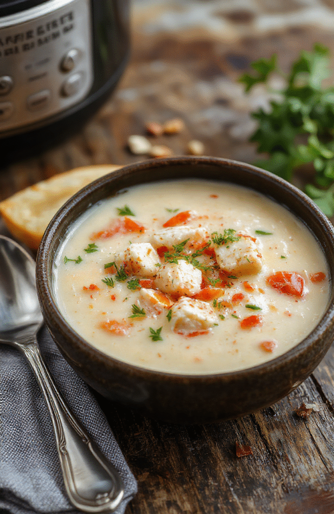 A warm bowl of creamy cheesy crack chicken soup with shredded chicken, melted cheese, and herbs, served in a rustic bowl on a wooden table, with steam rising, garnished with parsley, styled for an inviting and hearty look.