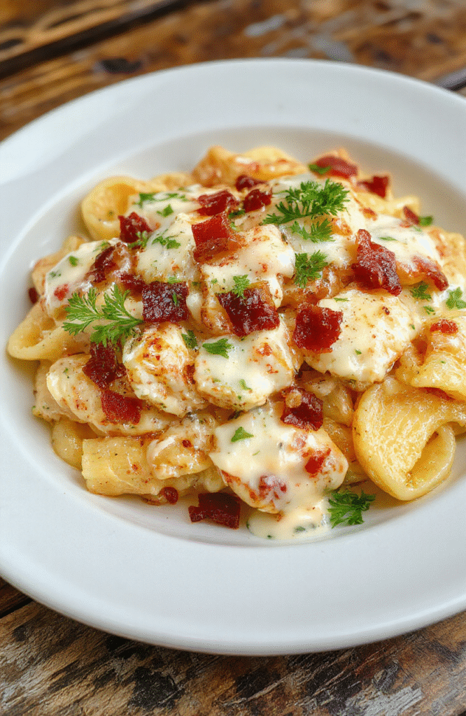 A steaming plate of creamy chicken bacon ranch pasta with crispy bacon pieces, tender pasta, and a luscious sauce, garnished with fresh herbs, styled on a rustic wooden table with vibrant colors, looking inviting and hearty.