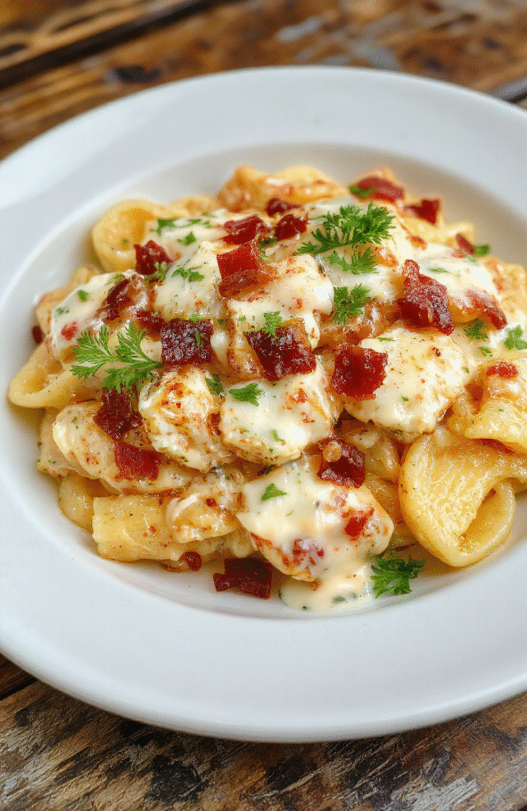 A steaming plate of creamy chicken bacon ranch pasta with crispy bacon pieces, tender pasta, and a luscious sauce, garnished with fresh herbs, styled on a rustic wooden table with vibrant colors, looking inviting and hearty.