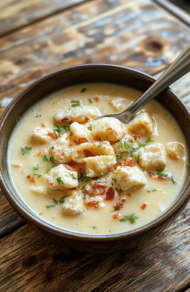A steaming bowl of creamy chicken pasta soup with tender shredded chicken, al dente pasta, and fresh herbs on a rustic wooden table, topped with a sprinkle of cheese and a sprig of parsley under natural daylight
