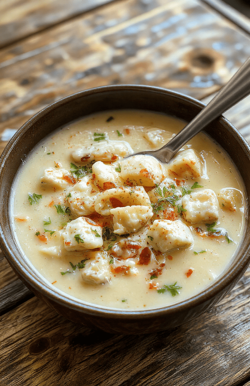 A steaming bowl of creamy chicken pasta soup with tender shredded chicken, al dente pasta, and fresh herbs on a rustic wooden table, topped with a sprinkle of cheese and a sprig of parsley under natural daylight