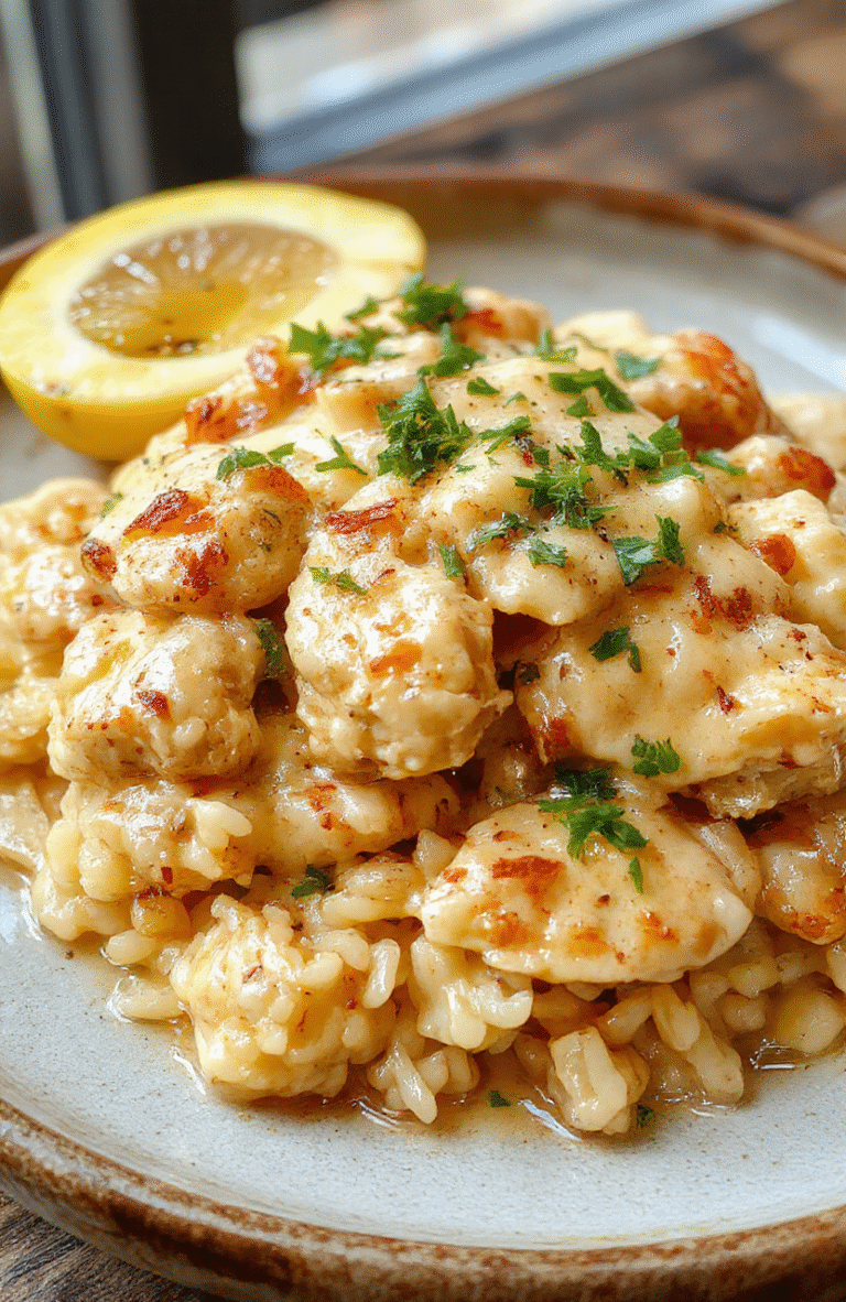 A creamy chicken and rice dish served in a rustic bowl. Juicy shredded chicken, tender rice, and a luscious sauce with herbs, garnished with fresh parsley, styled on a wooden table with natural daylight highlighting the textures and colors.