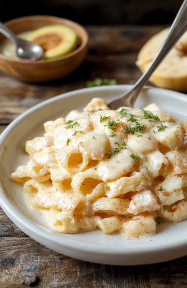 A close-up shot of a creamy fettuccine Alfredo dish on a white plate, topped with freshly grated Parmesan cheese and chopped parsley. The pasta appears smooth and rich, with a glossy sauce coating each strand, set on a rustic wooden table with natural daylight illuminating the dish. The background is softly blurred, emphasizing the inviting texture and vibrant color of the Alfredo sauce.