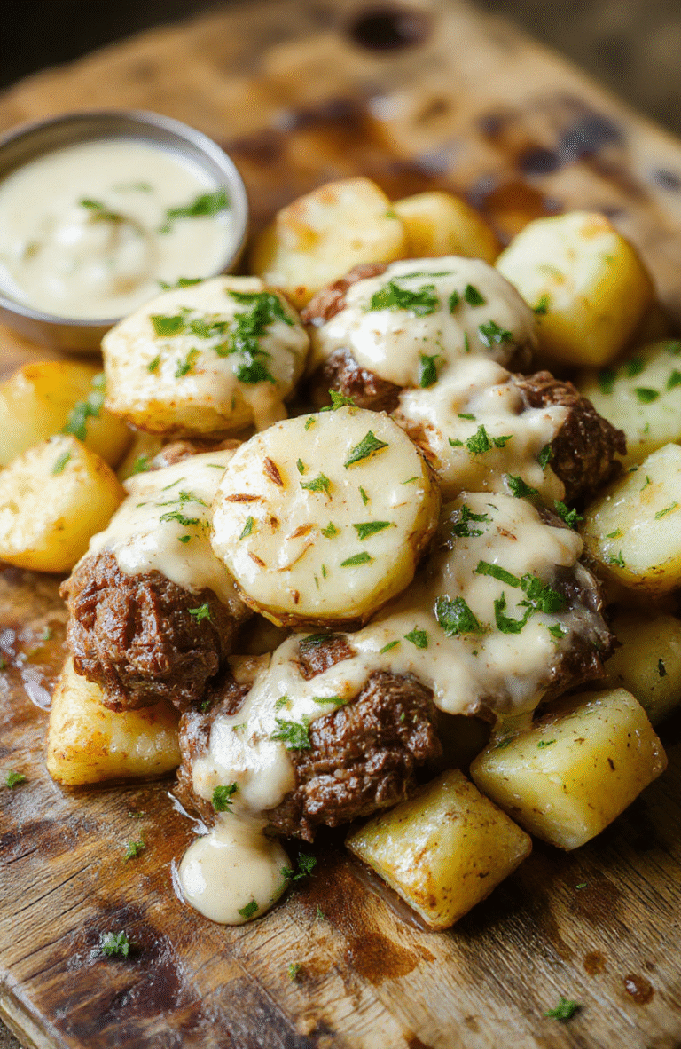 A vibrant plate of tender beef bites glazed in garlic butter sauce, surrounded by crispy roasted potatoes, garnished with fresh herbs, styled on a rustic wooden surface with soft natural light highlighting the textures and rich colors of the dish.