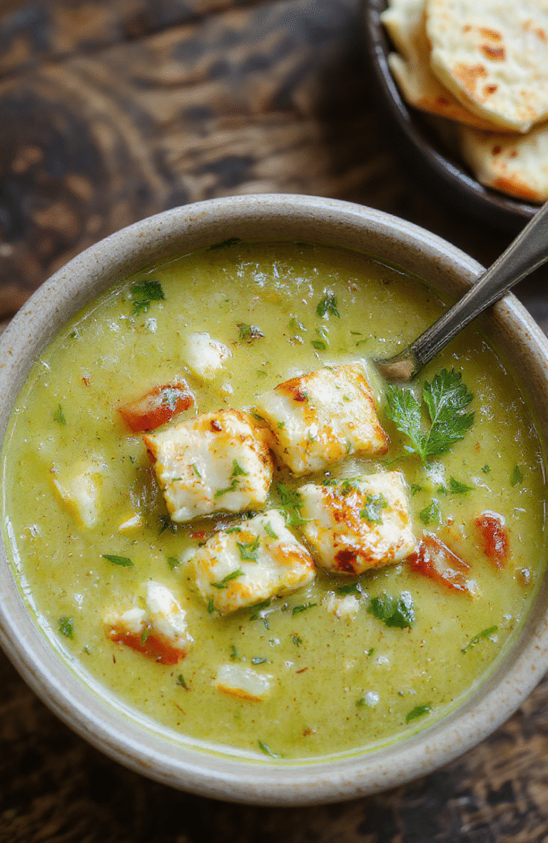 A vibrant bowl of creamy green chicken enchilada soup garnished with fresh cilantro, shredded cheese, and lime wedges. The soup features a rich, textured green base with tender chicken pieces, topped with a swirl of sour cream and crunchy tortilla strips. The presentation is inviting and colorful, styled on a rustic wooden table with natural lighting highlighting the textures and fresh ingredients.