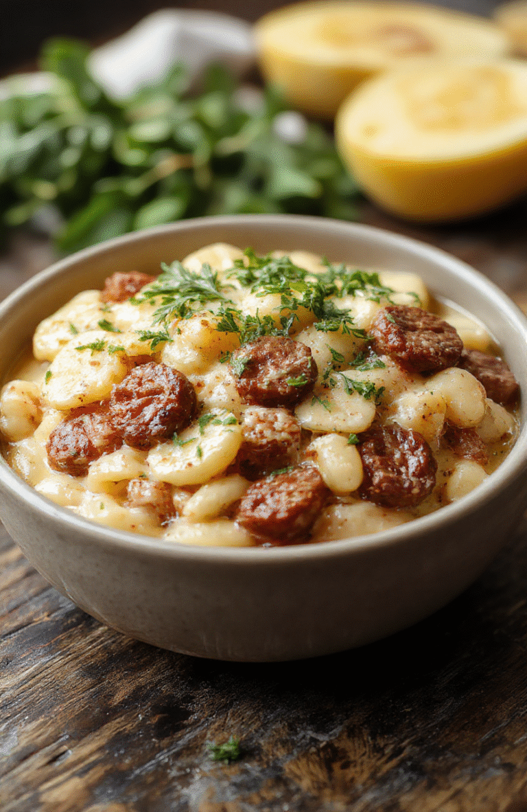 A vibrant bowl of creamy Italian sausage orzo featuring golden-brown sausage, tender orzo pasta coated in rich sauce, garnished with fresh herbs, on a rustic wooden table with natural daylight highlighting the textures and colors.