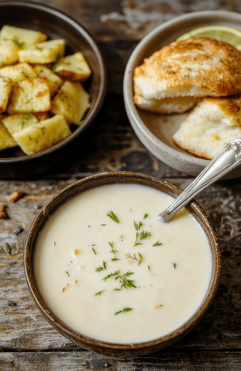 A rustic white bowl filled with velvety creamy potato soup topped with chopped chives and a dollop of sour cream, surrounded by golden crispy bacon bits and fresh herbs, garnished with cracked black pepper, set on a weathered wooden table with steam gently rising, highlighting the rich, smooth texture and colorful toppings.