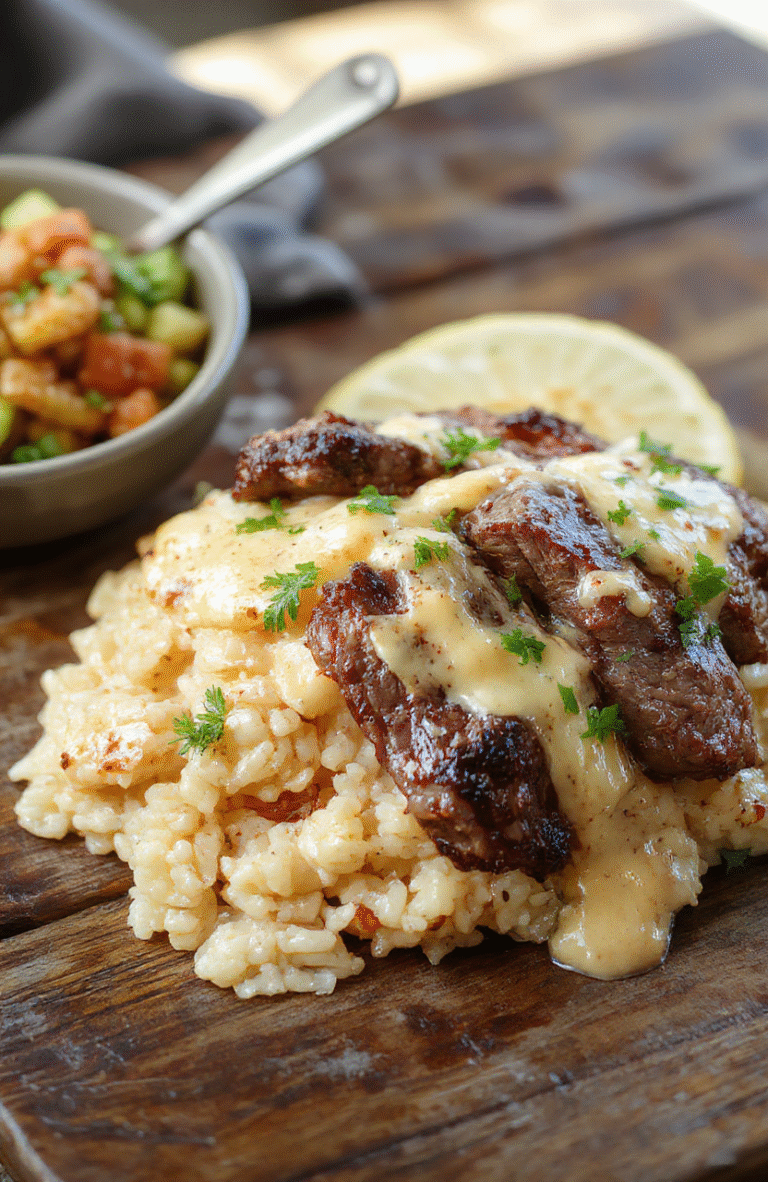 A vibrant plate showcasing creamy queso rice topped with juicy steak strips, garnished with chopped fresh herbs, served on a rustic wooden table with a textured napkin backdrop, highlighting the rich textures and inviting colors of the dish.