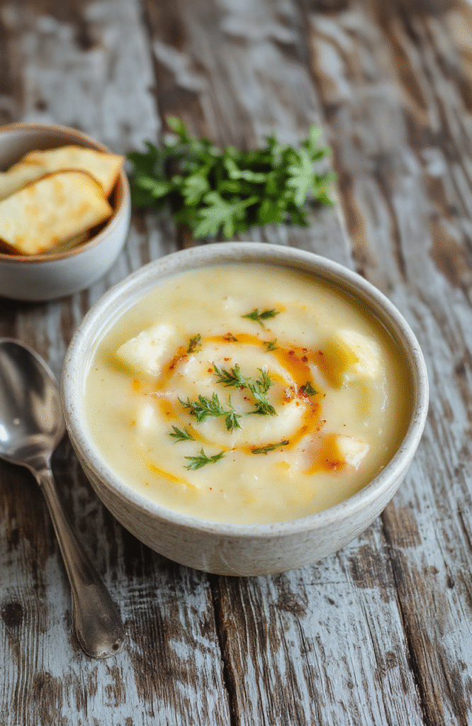 A bowl of creamy roasted garlic potato soup with a sprinkle of fresh herbs, served on a rustic wooden table, with a roasted garlic bulb and potato slices in the background, showcasing the velvety texture and rich color