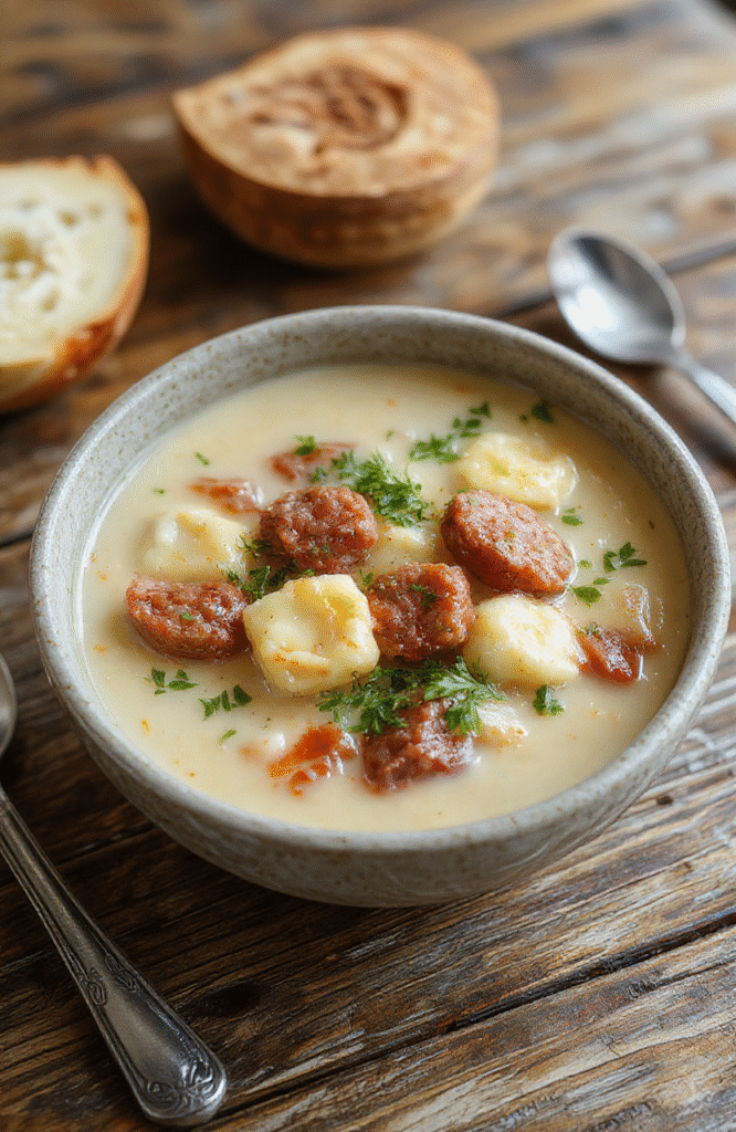 A vibrant bowl of creamy sausage and tortellini soup featuring golden-brown sausage slices, tender tortellini pasta, and fresh herbs, served on a rustic wooden table with a spoon resting nearby, styled casually with a creamy broth coating the ingredients and a sprinkle of herbs for garnish.