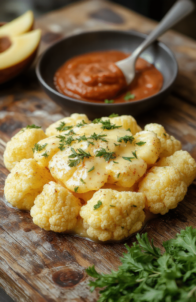 A vibrant bowl of creamy vegan butter cauliflower featuring cauliflower florets coated in a rich, smooth, pale yellow sauce. The dish is beautifully garnished with fresh herbs and served on a white ceramic plate with a wooden background, showcasing the inviting textures and bright colors of the dish.