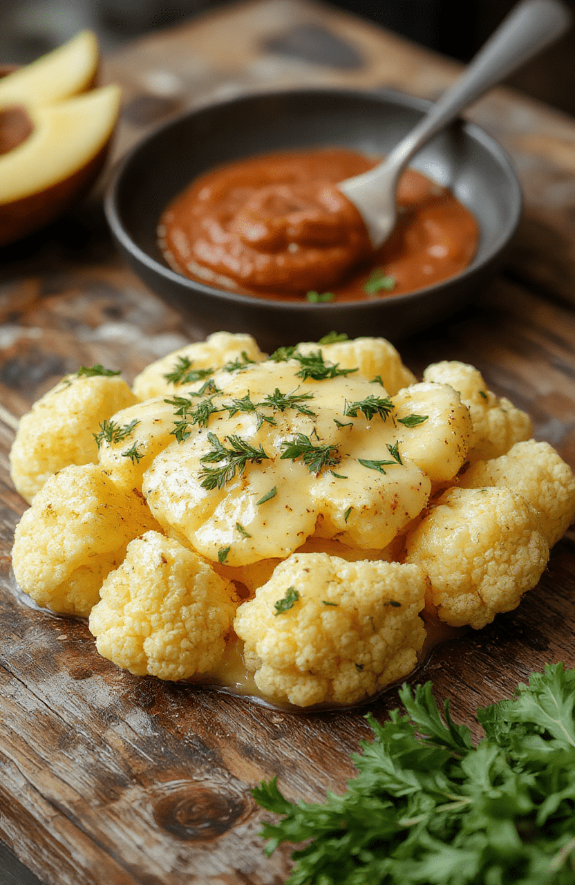A vibrant bowl of creamy vegan butter cauliflower featuring cauliflower florets coated in a rich, smooth, pale yellow sauce. The dish is beautifully garnished with fresh herbs and served on a white ceramic plate with a wooden background, showcasing the inviting textures and bright colors of the dish.