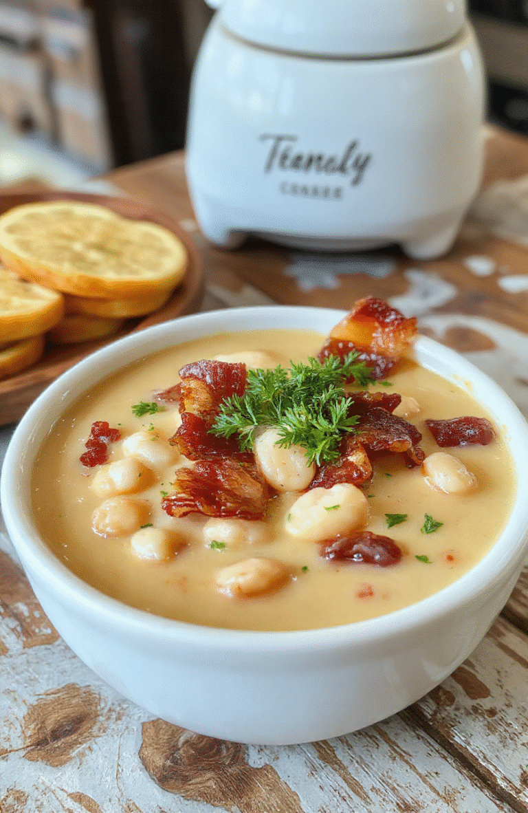 A steaming bowl of creamy white bean soup topped with crispy bacon crumbles, garnished with fresh herbs, served in a rustic ceramic bowl with a swirl of cream, set against a neutral wooden background with a sliced baguette on the side.