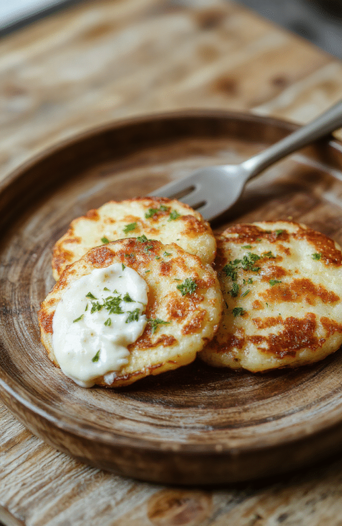 Golden crispy potato pancakes stacked on a rustic wooden platter, served with dollops of sour cream and fresh herbs, accompanied by sliced apples and a side of greens, showcasing texture and vibrant colors with a homely, inviting presentation.