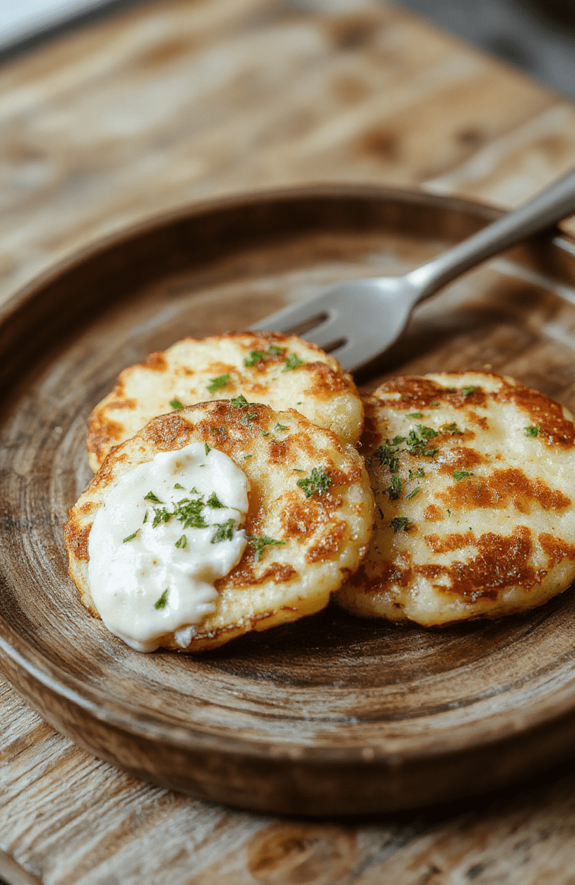 Golden crispy potato pancakes stacked on a rustic wooden platter, served with dollops of sour cream and fresh herbs, accompanied by sliced apples and a side of greens, showcasing texture and vibrant colors with a homely, inviting presentation.