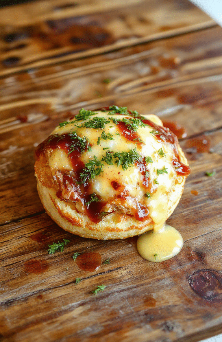 A golden-brown puff pastry topped with a perfectly fried egg, drizzled with creamy sauce, garnished with herbs, served on a rustic wooden platter with fresh greens and cherry tomatoes, textures of flaky pastry, runny yolk, and melted cheese visible details.