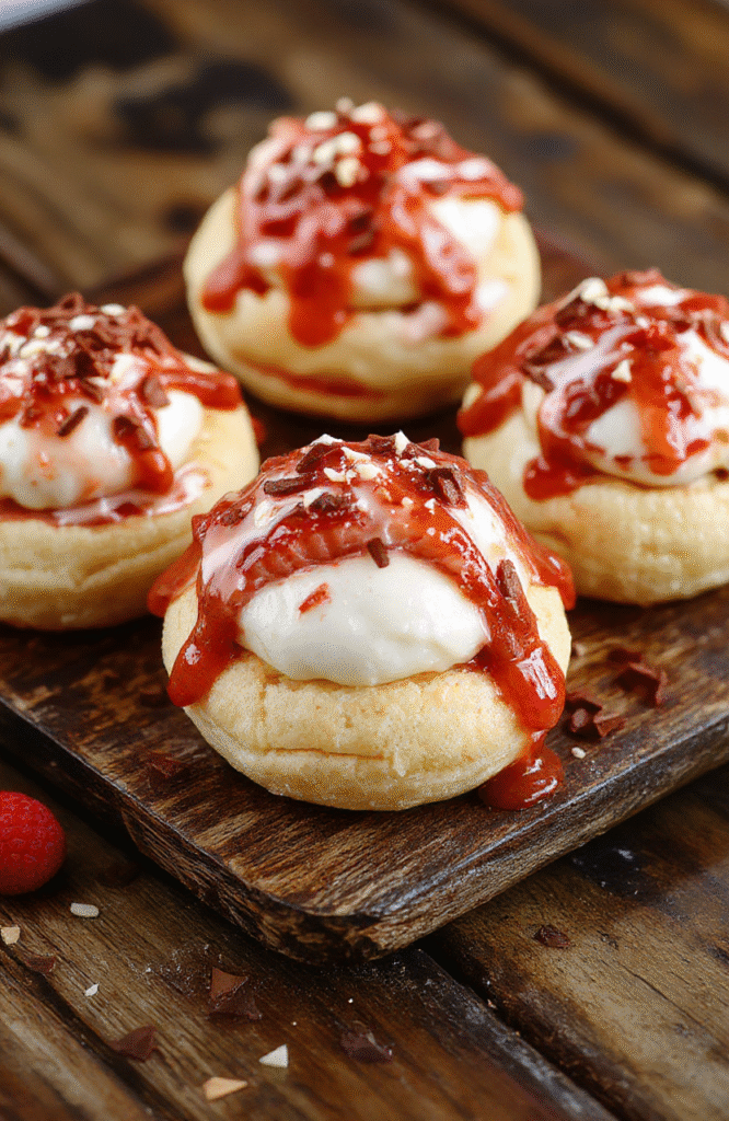 A beautifully arranged plate of golden, flaky cream puffs filled with whipped cream and fresh strawberries, garnished with a dusting of powdered sugar, styled on a rustic wooden surface with a soft-focus background.