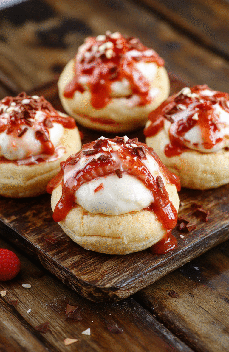 A beautifully arranged plate of golden, flaky cream puffs filled with whipped cream and fresh strawberries, garnished with a dusting of powdered sugar, styled on a rustic wooden surface with a soft-focus background.