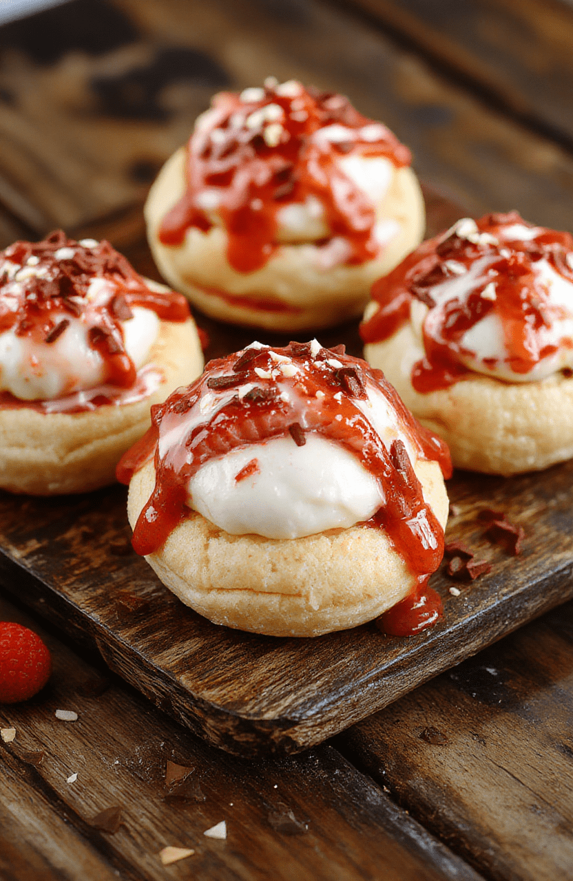 A beautifully arranged plate of golden, flaky cream puffs filled with whipped cream and fresh strawberries, garnished with a dusting of powdered sugar, styled on a rustic wooden surface with a soft-focus background.