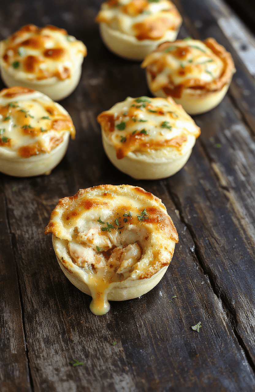 A close-up of golden-brown mini chicken pot pies arranged on a rustic wooden tray, with visible flaky crust and creamy filling peeking through, styled simply with fresh herbs on the side, natural daylight highlighting their textures, light shadows enhancing the visual appeal.
