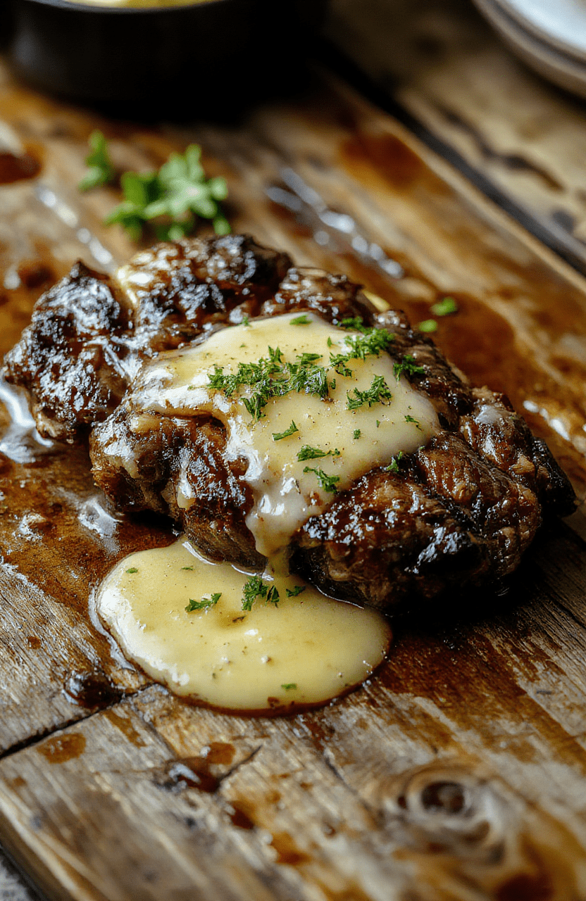 A close-up of a perfectly seared steak with a golden crust, topped with melted butter and herbs, plated on a white ceramic dish with a rustic wooden background. The steak displays juicy, tender interior textures, with a glossy butter sauce glistening on top. The presentation is clean and inviting, highlighting the rich browns and vibrant green herbs for a mouthwatering appeal.