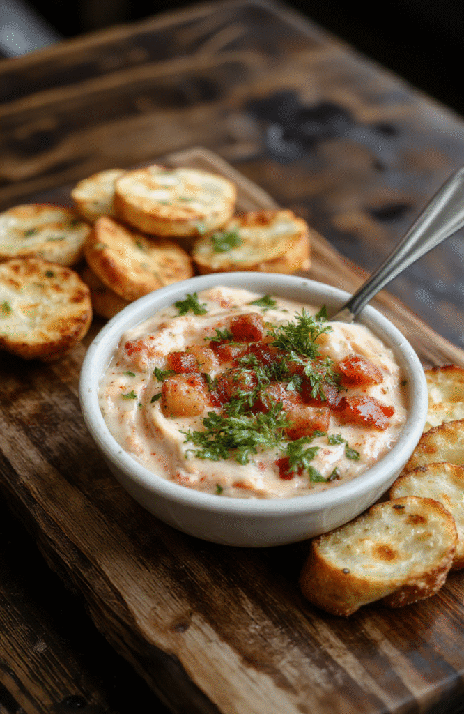 A vibrant bowl of bruschetta dip filled with chopped tomatoes, garlic, basil, and olive oil, garnished with fresh herbs and served with toasted baguette slices on a rustic wooden platter