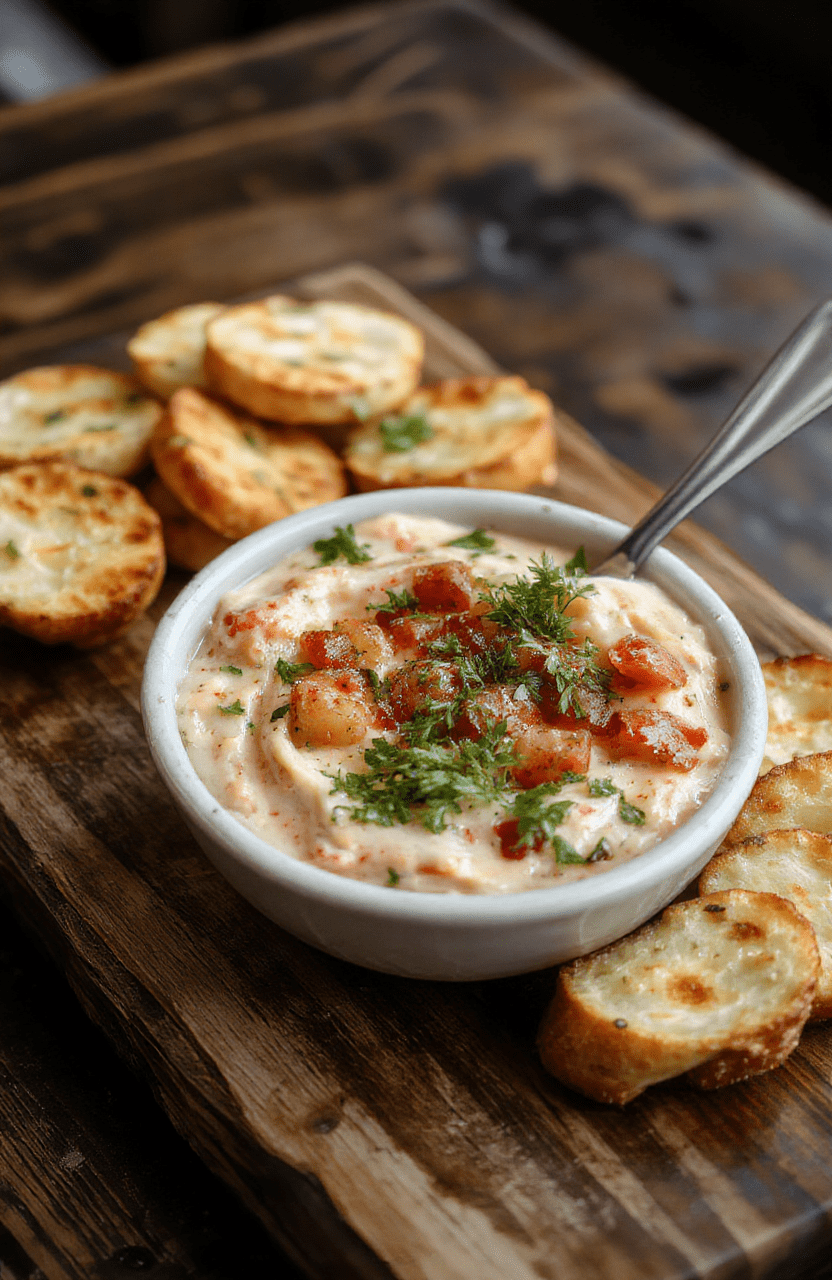 A vibrant bowl of bruschetta dip filled with chopped tomatoes, garlic, basil, and olive oil, garnished with fresh herbs and served with toasted baguette slices on a rustic wooden platter