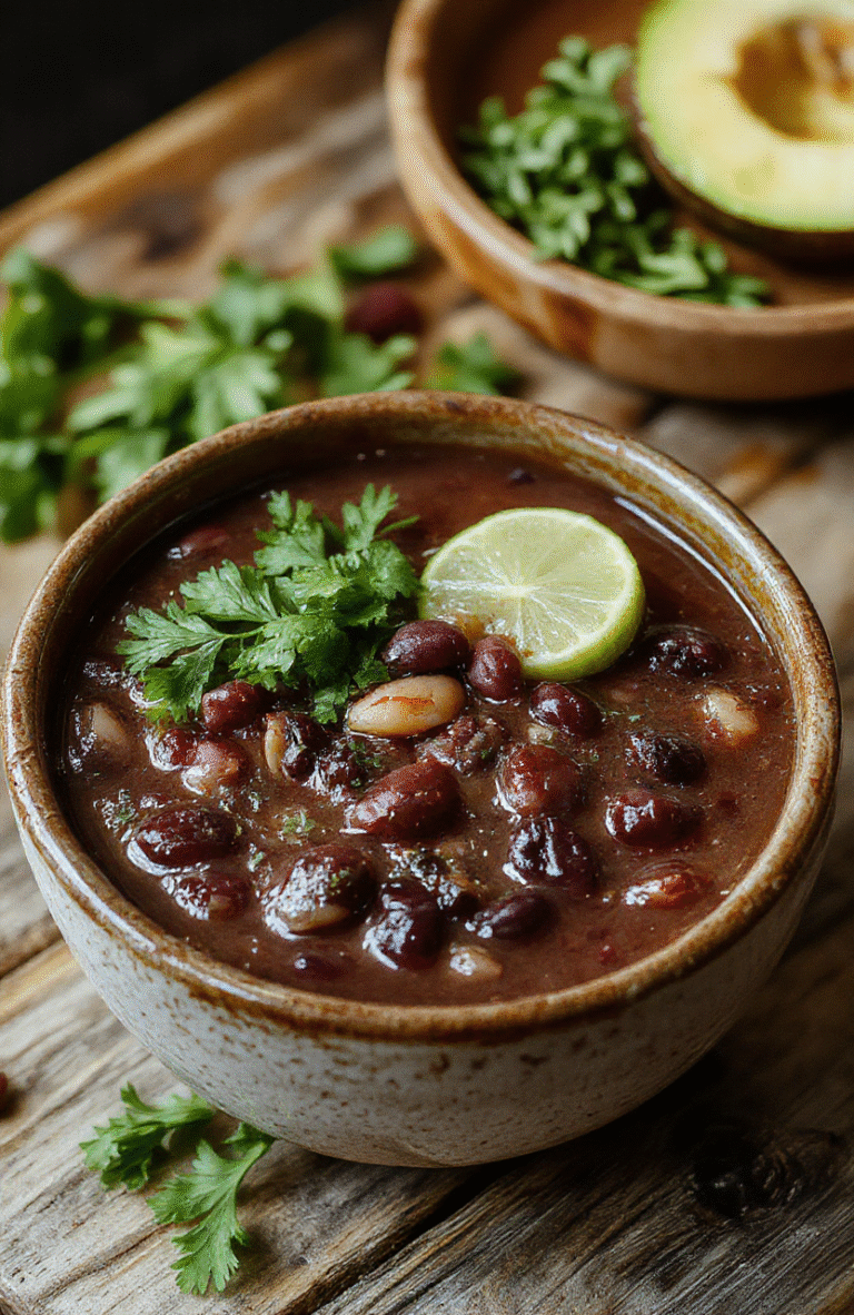 A vibrant bowl of black bean soup garnished with fresh cilantro, lime wedges, and a dollop of sour cream. The soup has a thick, rich texture, with black beans visible in a deep, dark broth. The bowl sits on a rustic wooden table, styled simply with a spoon and a colorful napkin, evoking a cozy and inviting atmosphere.