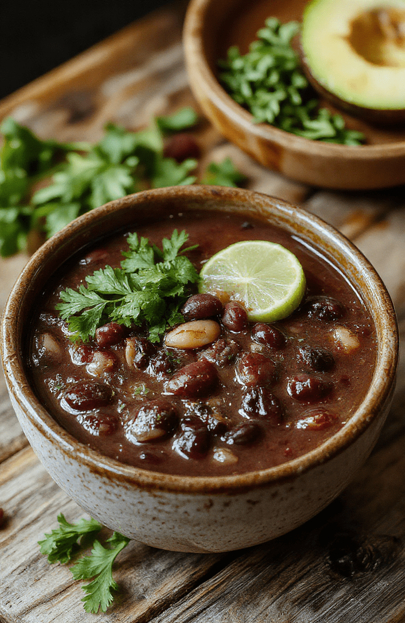 A vibrant bowl of black bean soup garnished with fresh cilantro, lime wedges, and a dollop of sour cream. The soup has a thick, rich texture, with black beans visible in a deep, dark broth. The bowl sits on a rustic wooden table, styled simply with a spoon and a colorful napkin, evoking a cozy and inviting atmosphere.