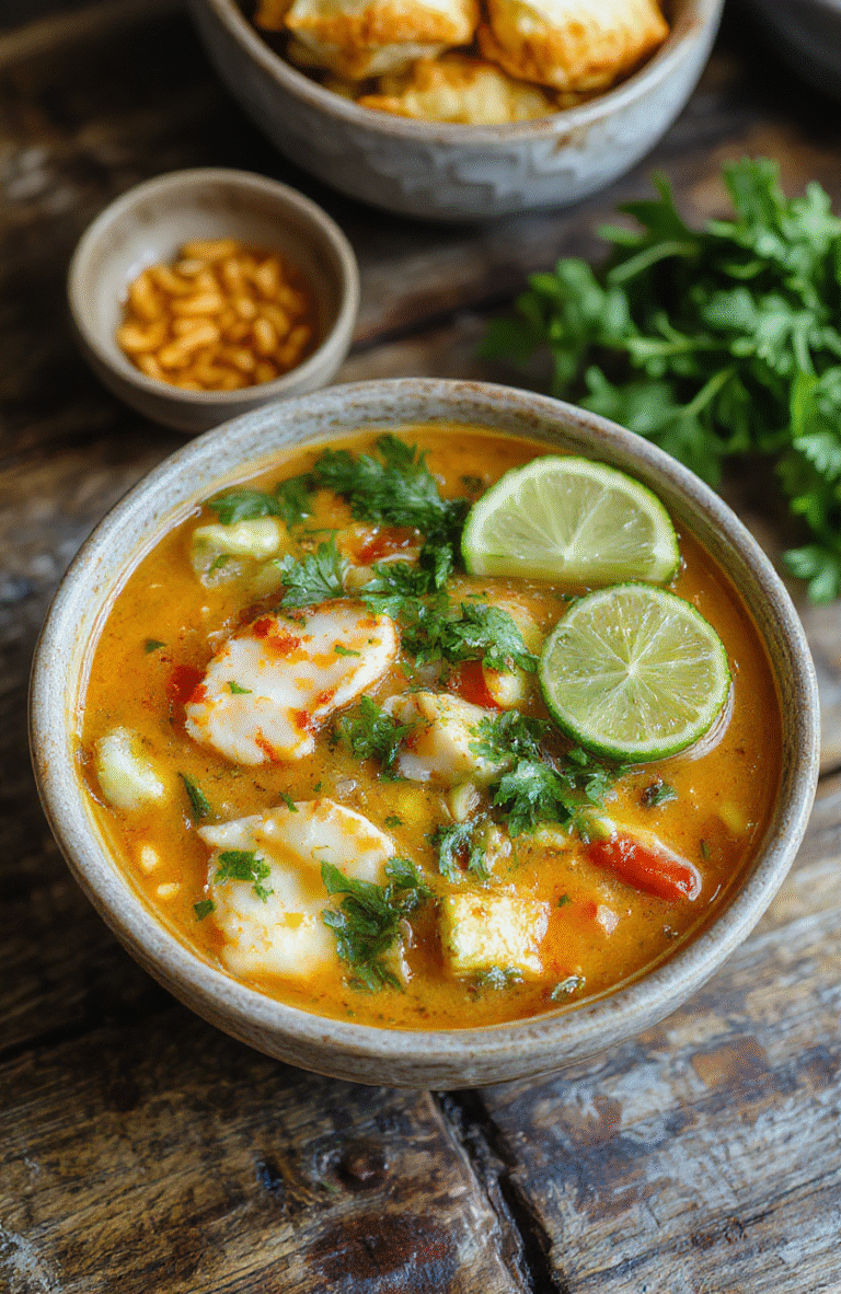 A vibrant bowl of Thai red curry noodle soup featuring colorful vegetables, tender noodles, and a rich, creamy red curry broth, garnished with fresh herbs and lime, styled on a rustic wooden table with ambient lighting.